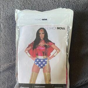 Fashion Nova Superhero Costume in Red, Blue, and Gold